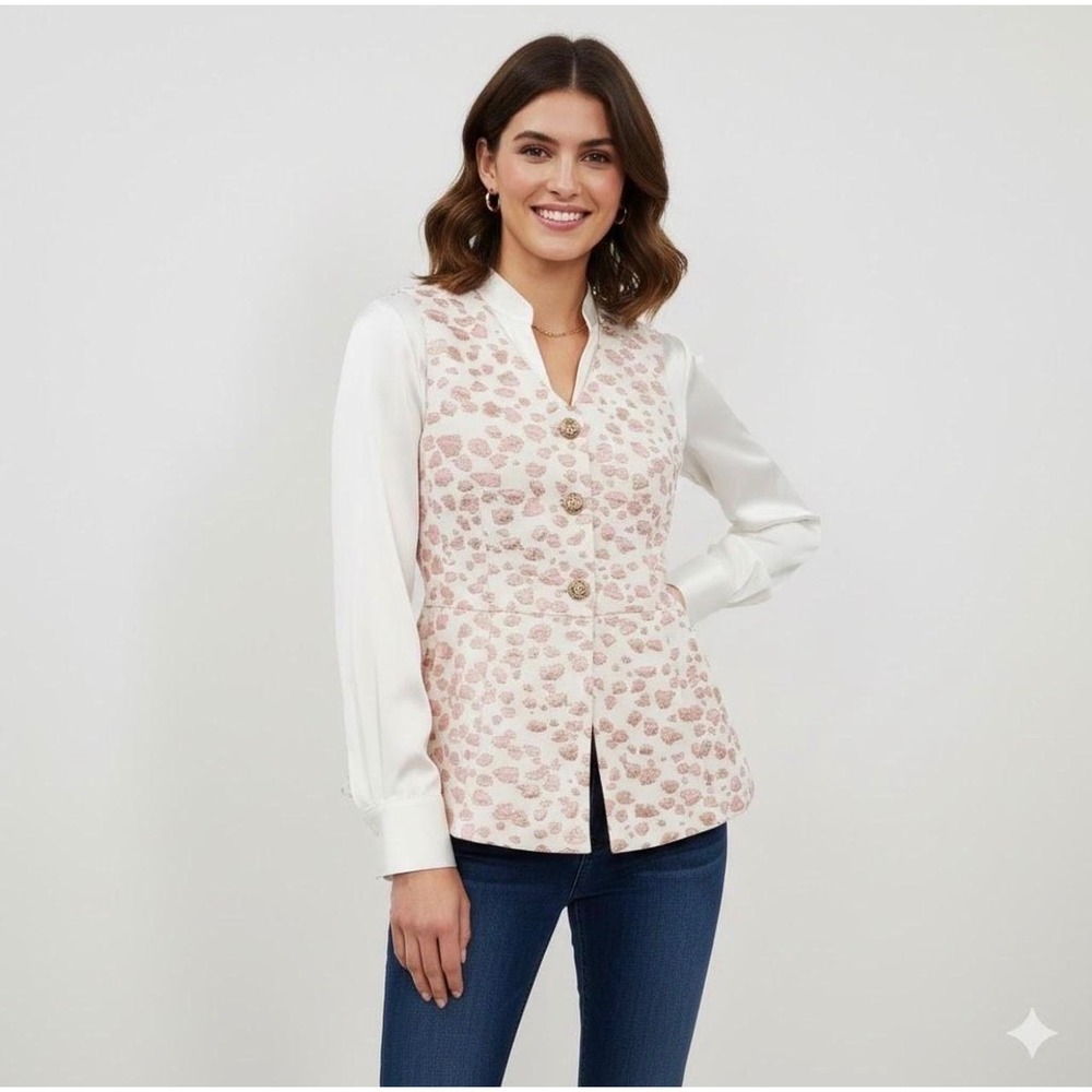 NWT Entro Alina Jacquard Button Vest Pink Gold Foil Size S